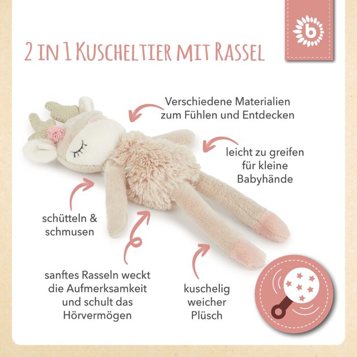 Bieco Kuscheltier Reh Ella mit Rassel | Baby Kuscheltier ab 0 Monate Stofftier Baby Plüschtier rentier – Bild 6