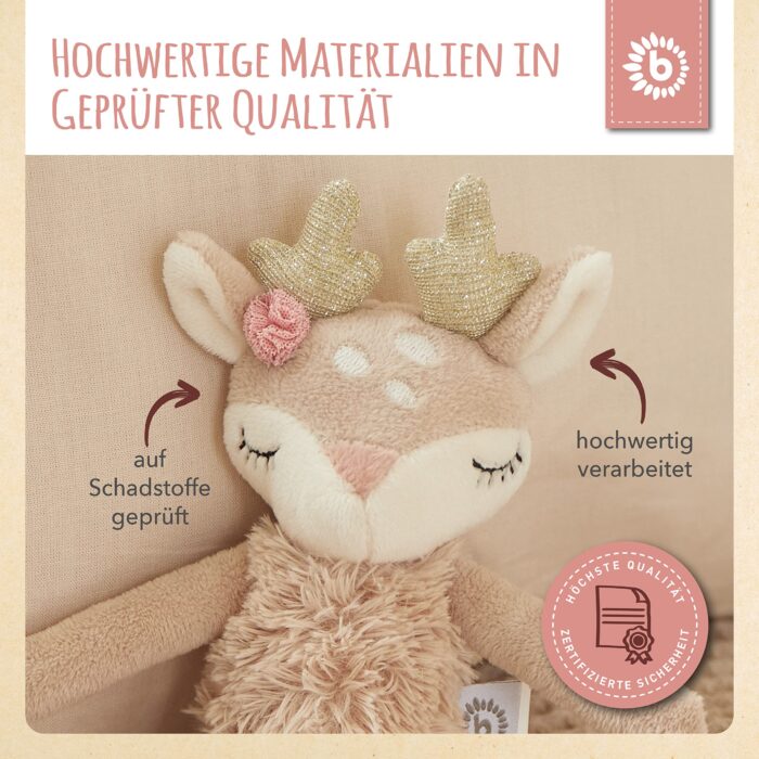 Bieco Kuscheltier Reh Ella mit Rassel | Baby Kuscheltier ab 0 Monate Stofftier Baby Plüschtier rentier – Bild 4